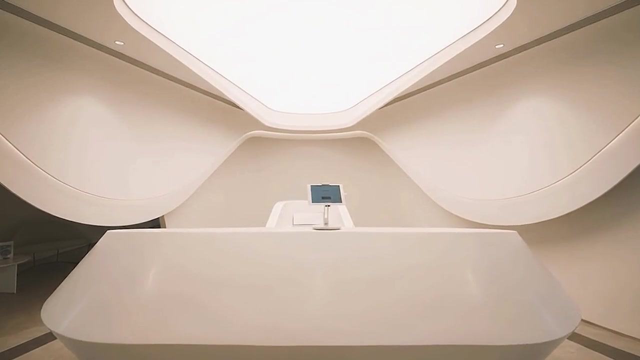 An architectural interior, illuminated